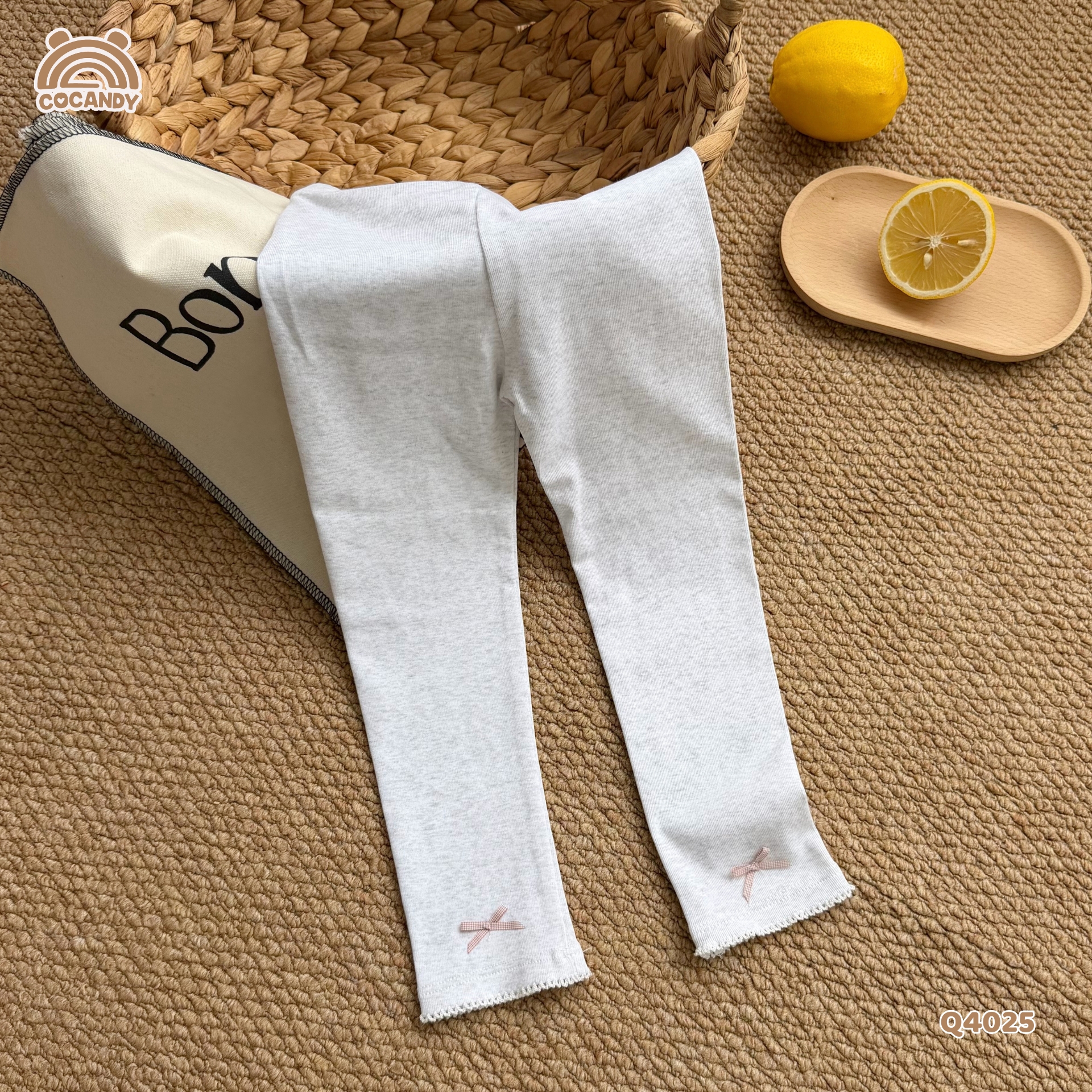 Quần dài legging XÁM NHẠT chỉ sóng nơ