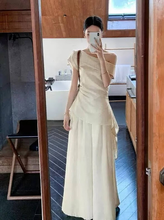 Lucas - Set áo lệch vai rúm eo vạt chéo + quần ống suông dài