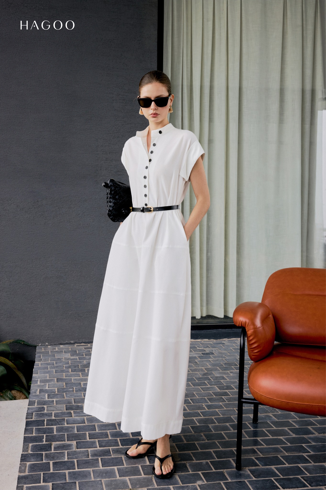 Váy sơ mi cổ tàu tay lơ vê HAGOO