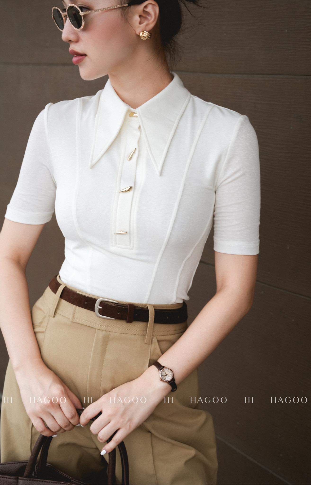 Áo thun tay cộc cổ polo cúc trang trí