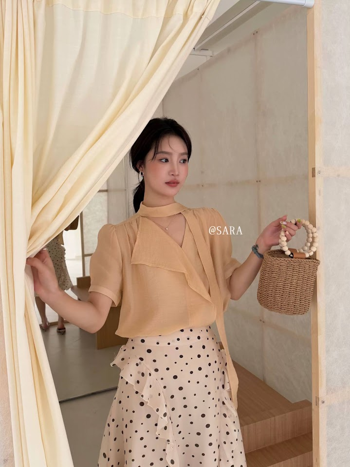 Lucas - Áo sơ mi cộc tay vải voan tơ cổ tim + dây lụa_thumbnail_3