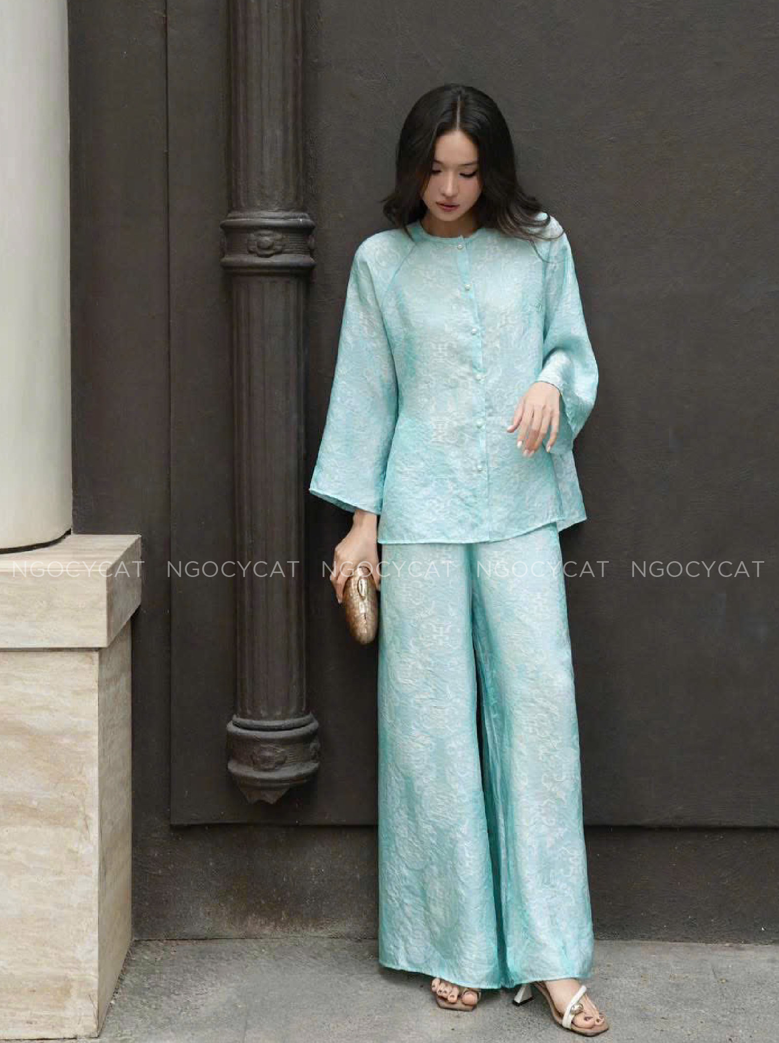 Áo Bà Ba Xanh Mint Tơ Tằm Ánh Kim