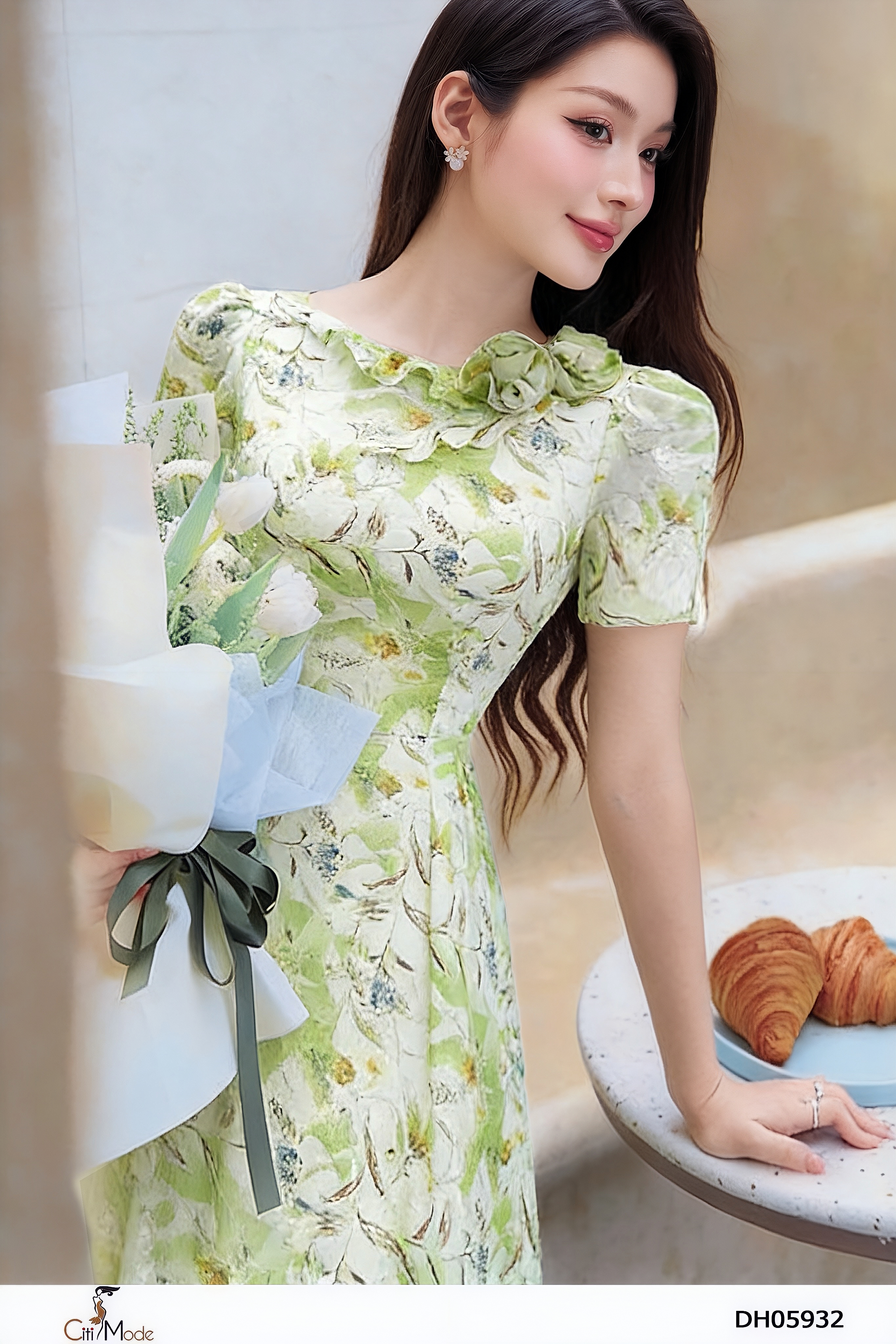Đầm xòe hoa xanh cổ bèo đính hoa tay cọc_thumbnail_6