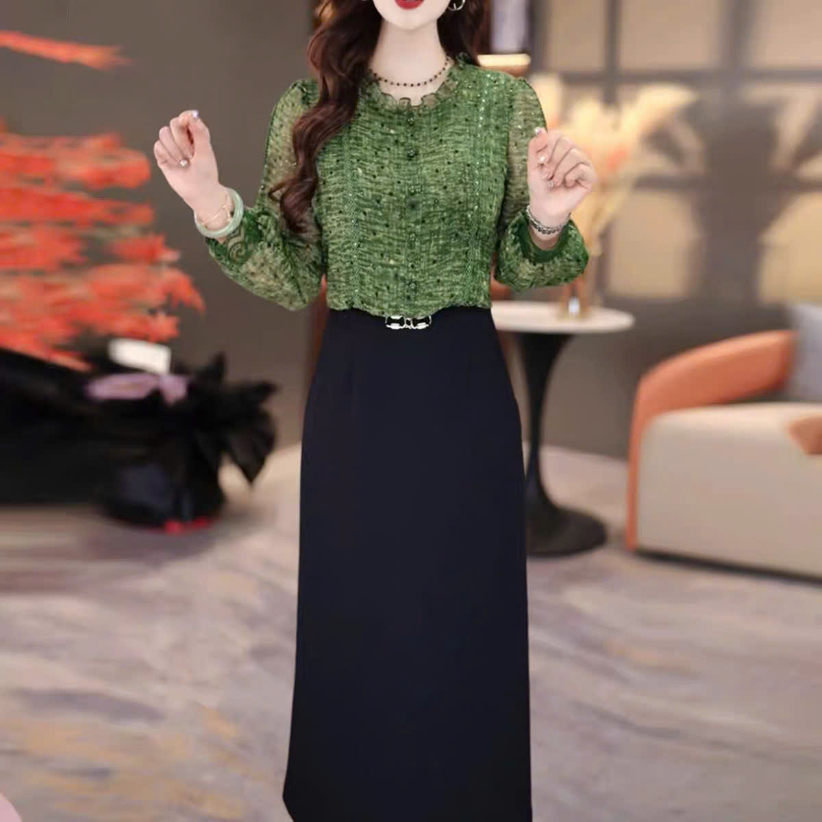 18420-Đầm suông liền phối  voan xanh dài tay (voan,lụa )