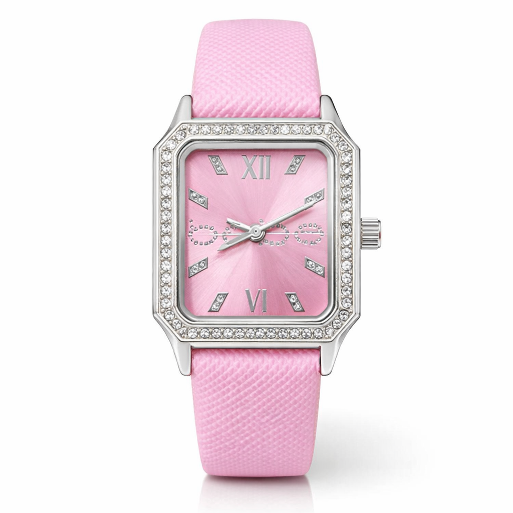 Đồng Hồ Nữ Bebe Dây Da Hồng – Mặt Vuông Đính Đá Thanh Lịch