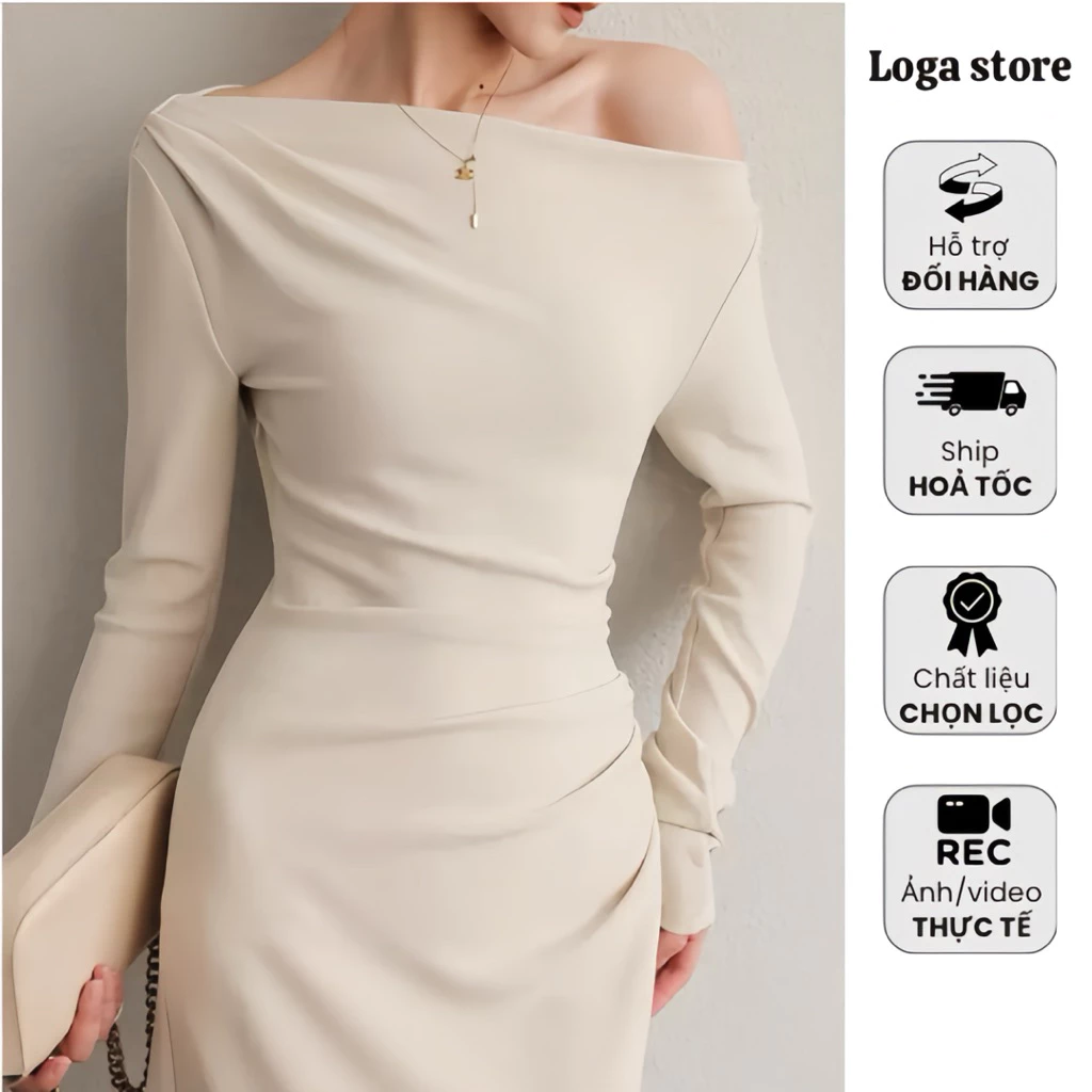 Váy dự tiệc lệch eo dáng dài ôm body, đầm body nhún eo dài tay Logastore_L197