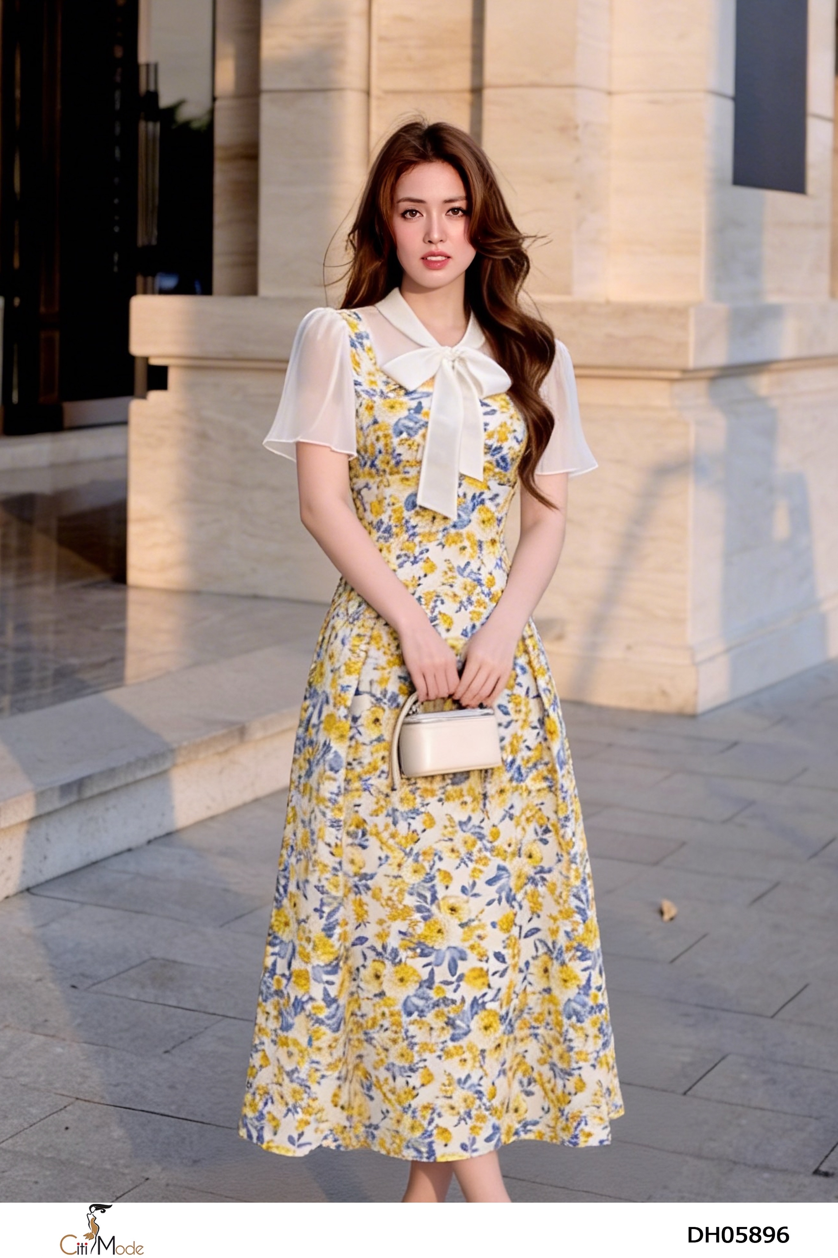 Đầm xòe hoa vàng cổ nơ trắng tay cọc_thumbnail_2