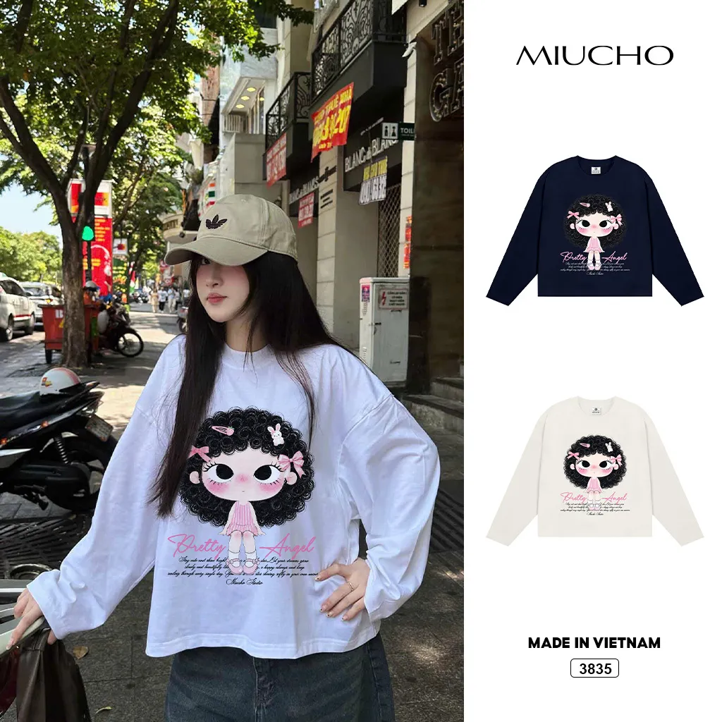 Áo thun boxy tay dài Pretty Angel bé gái tóc xoăn Miucho 3835