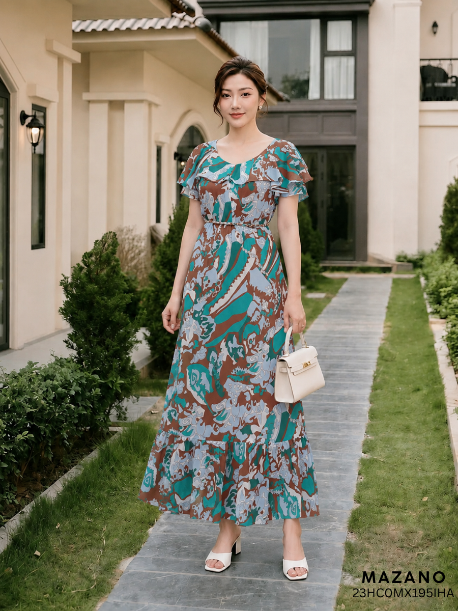 Đầm Maxi vải voan màu xanh in hoạ tiết xếp chân váy 23HC0MX195IHA