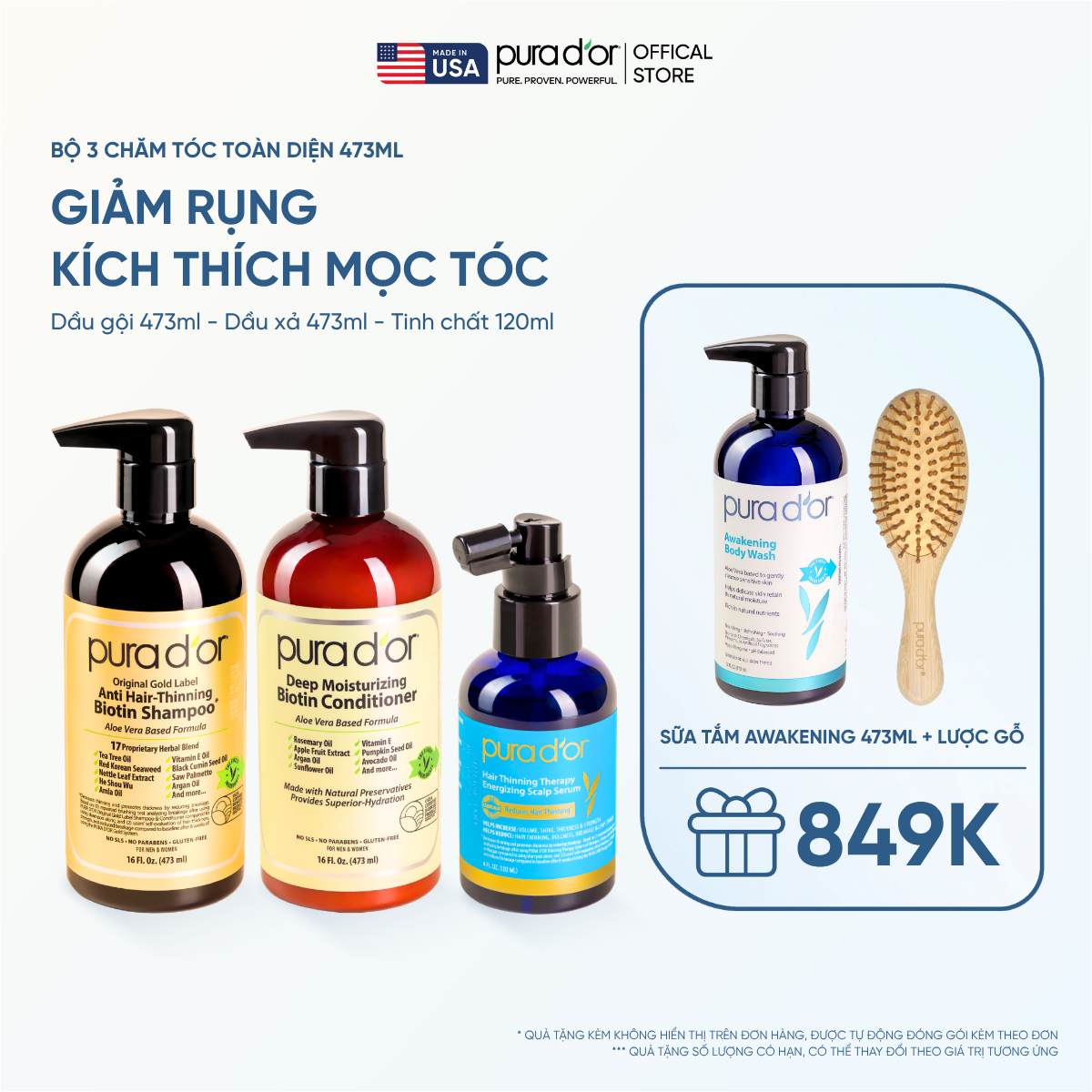 Combo 3 Bước Dầu Gội, Dầu Xả, Giảm Rụng Tóc Organic Pura D'or Biotin Gold Label 473ML | Chăm Sóc Tóc, Chăm Sóc Da Đầu, Dưỡng Tóc, Hỗ Trợ Mọc Tóc - Mega Livestream - Combo 3 bước 473ml