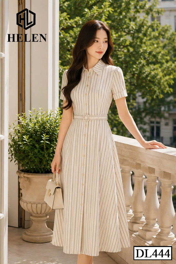 Đầm xòe kẻ nâu cổ đức + kèm đai DL444_thumbnail_2
