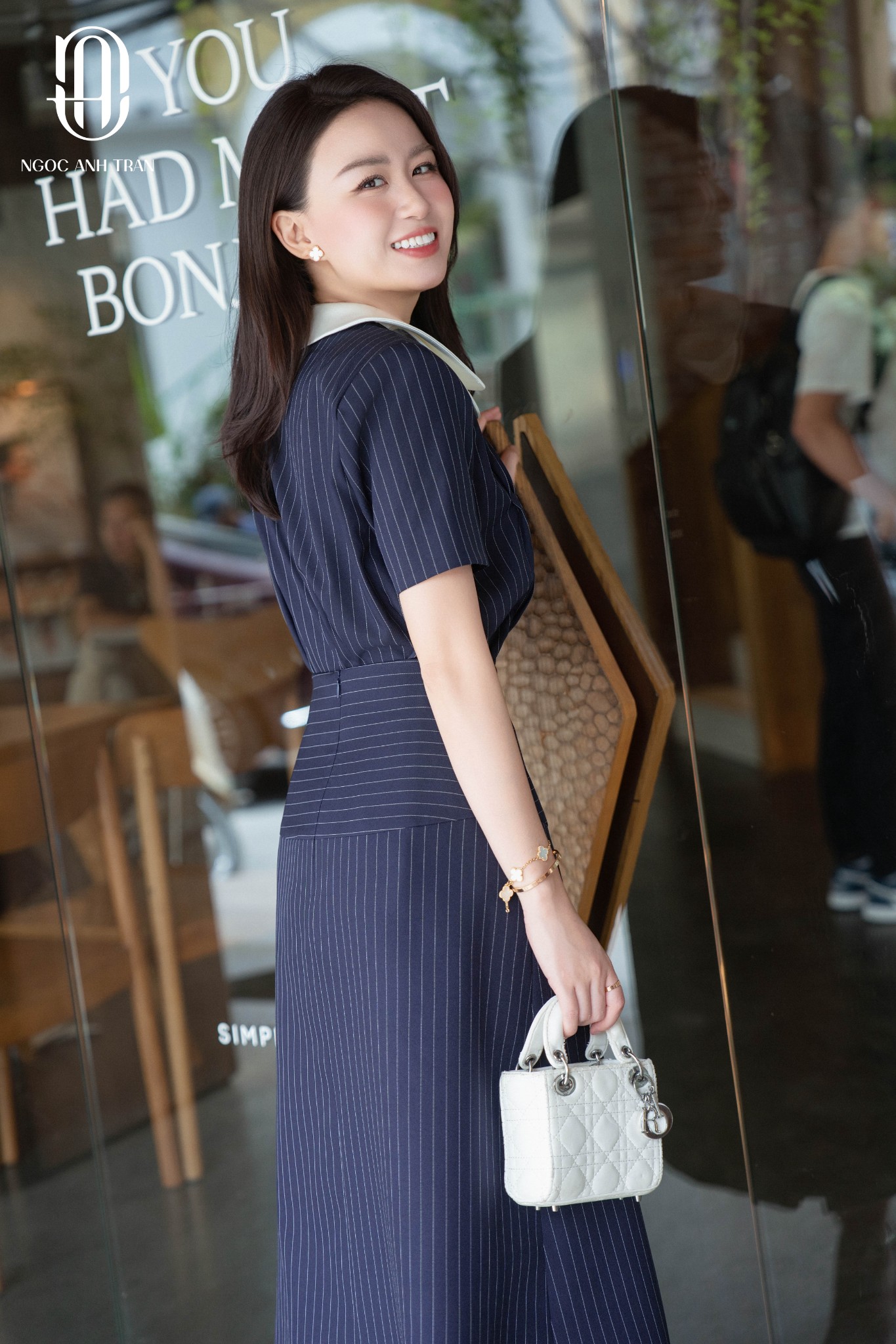 A280 - Áo sơ mi kẻ navy xếp pli 3D