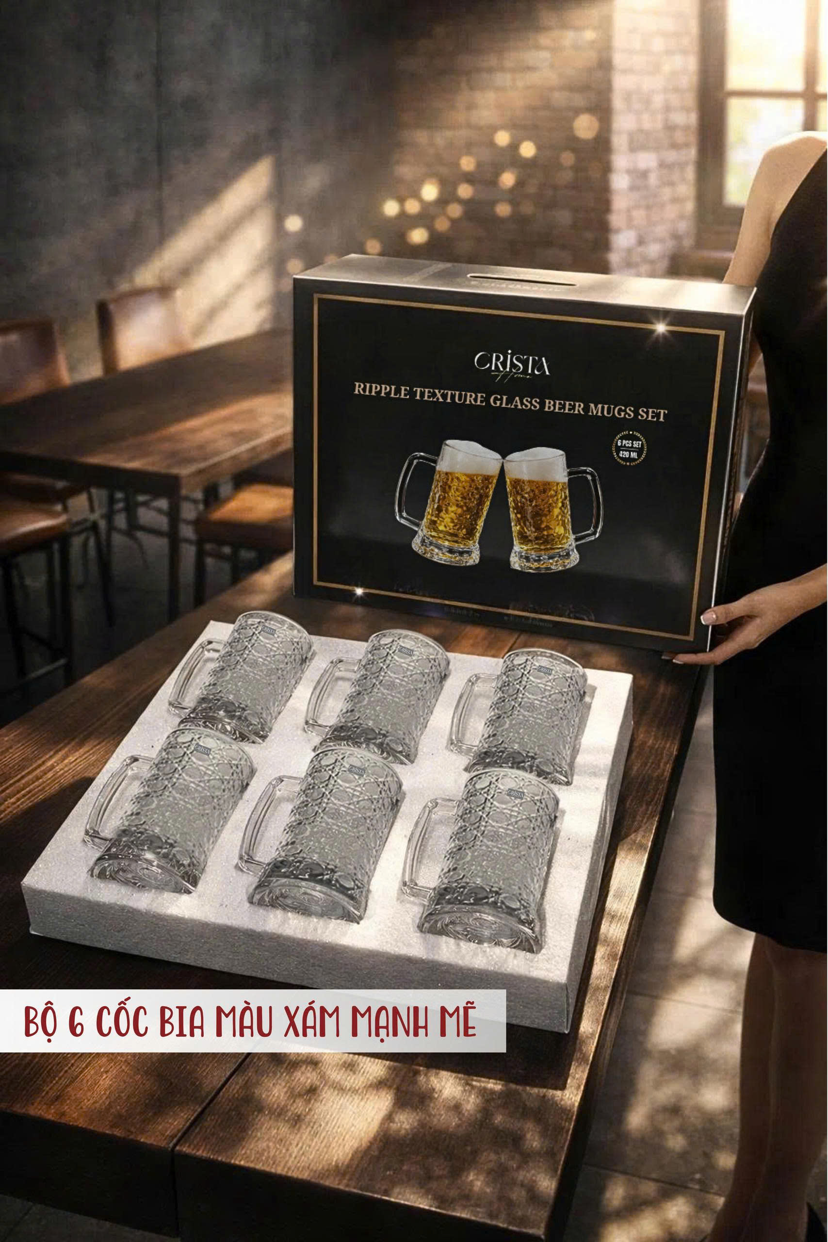 Bộ 6 cốc bia thủy tinh vân pha lê nổi có quai 420ml Crista Home_thumbnail_7