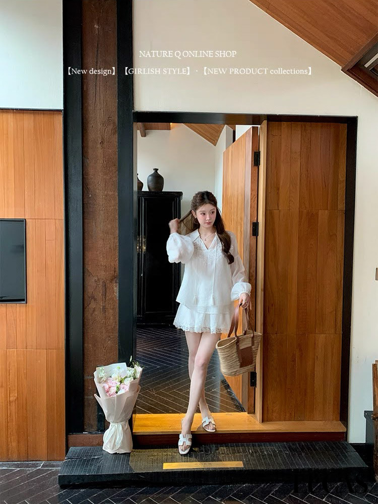 Set áo sơ mi voan cổ tim bẻ buộc nơ phối ren quanh cổ + quần sóc gấu viền ren_thumbnail_6