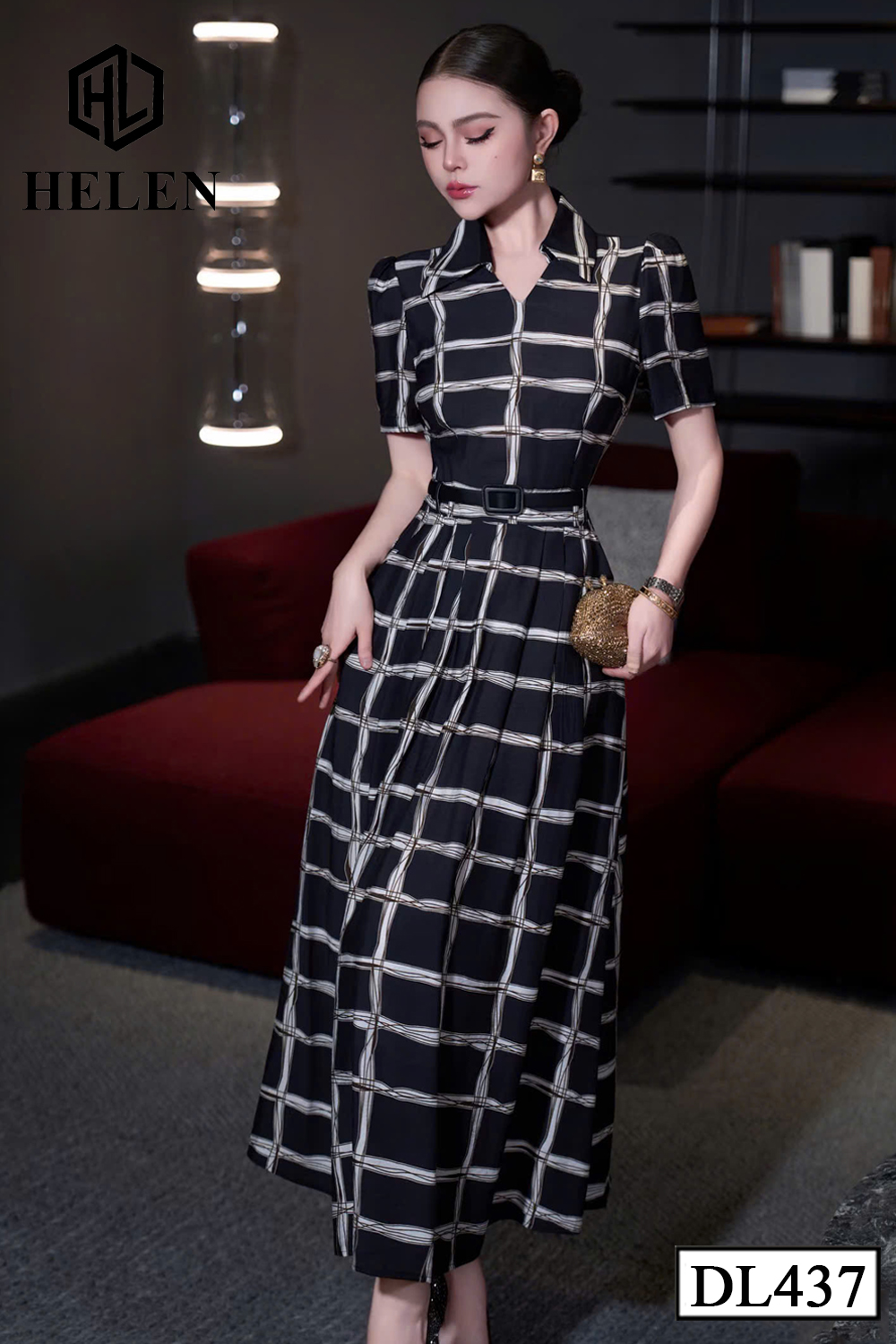 Đầm xòe họa tiết đen kẻ trắng + kèm đai DL437_thumbnail_3