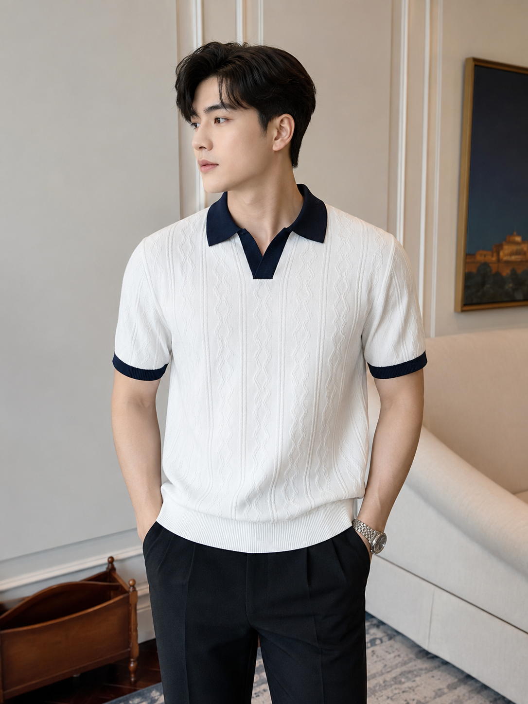 PA5 - Áo Polo Nam Mùa Hè Chất Jacquard Co Giãn, Cổ V Phối Màu Thời Trang, Dáng Ôm Thoáng Khí_thumbnail_3