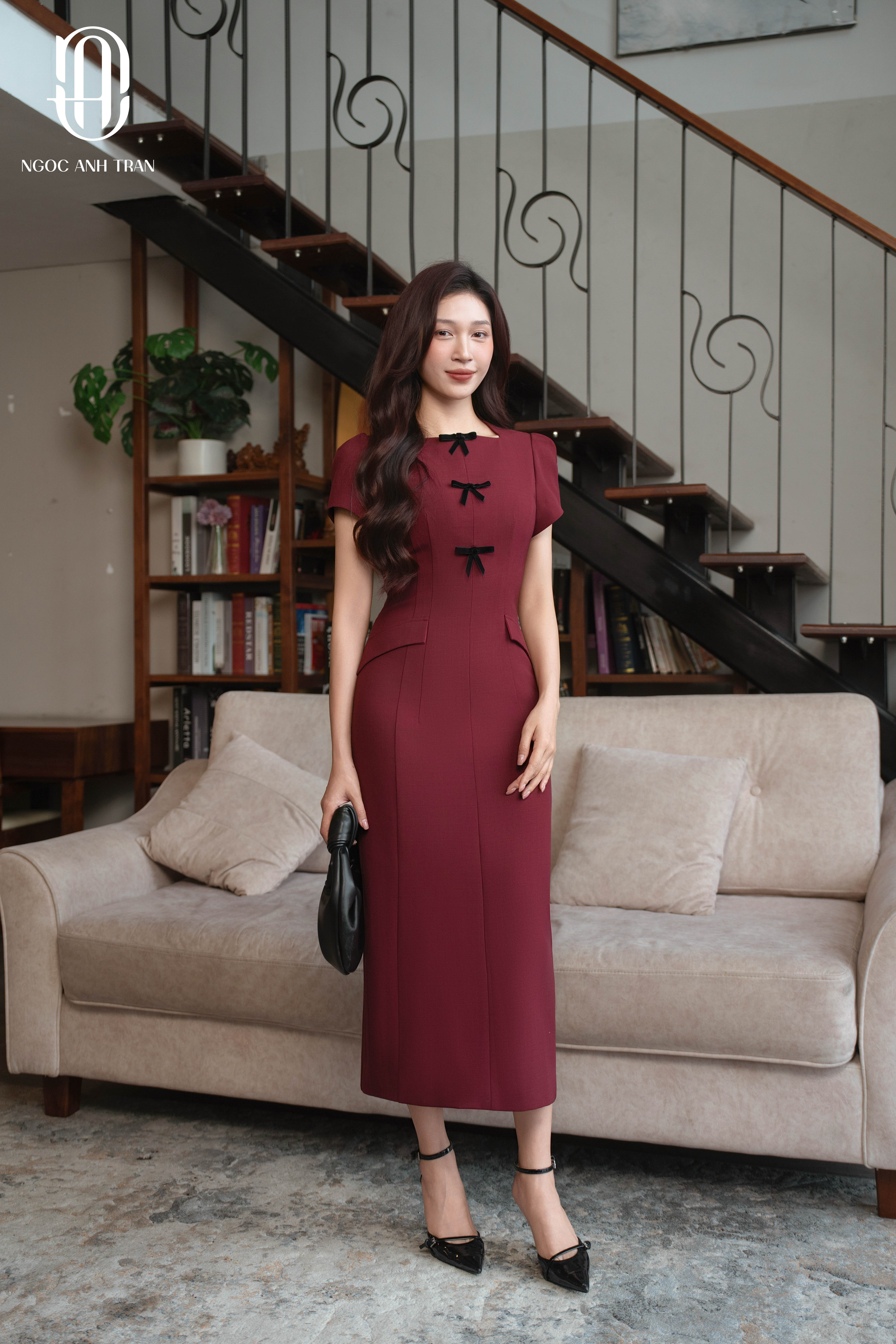 D165 - Váy đỏ phối nơ đen cách điệu