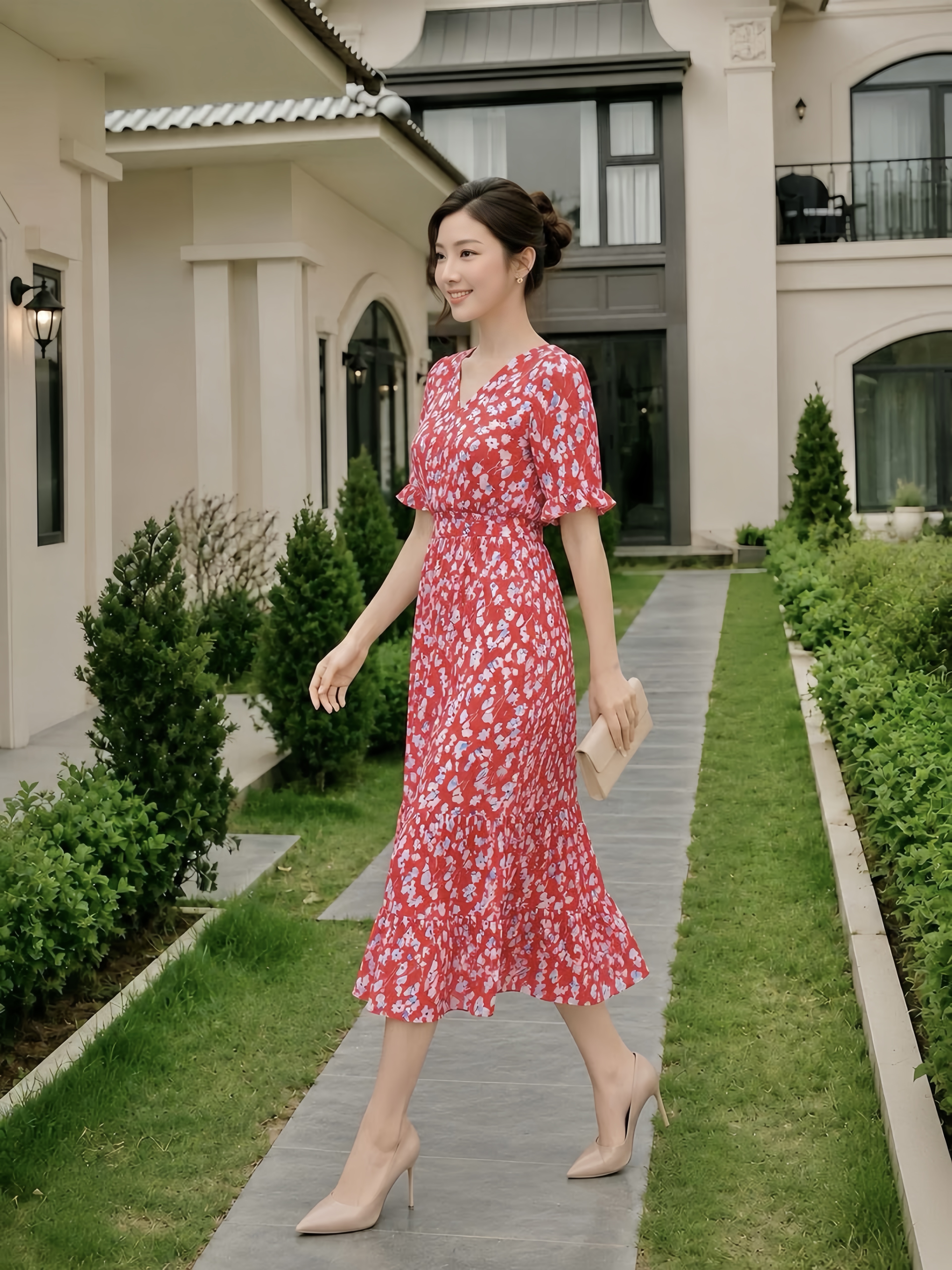 Đầm hồng họa tiết can eo bèo tầng_thumbnail_1