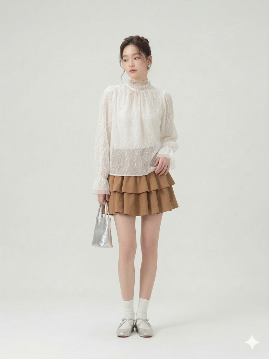 Áo sơ mi ren dáng chui cổ dựng chun cổ tay vải nổi