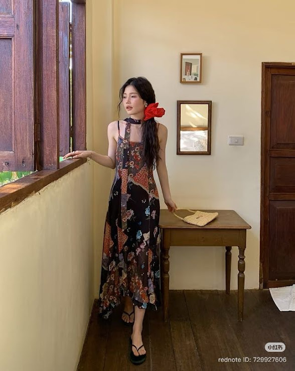 Lucas - Váy 2 dây thổ cẩm dáng dài bèo gấu, kèm dây khăn_thumbnail_5