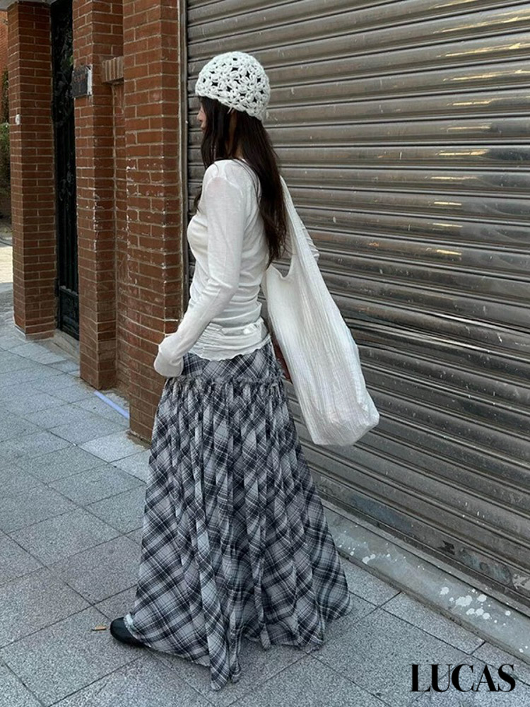 Chân váy xòe hạ eo caro voan + belt da đen_thumbnail_4
