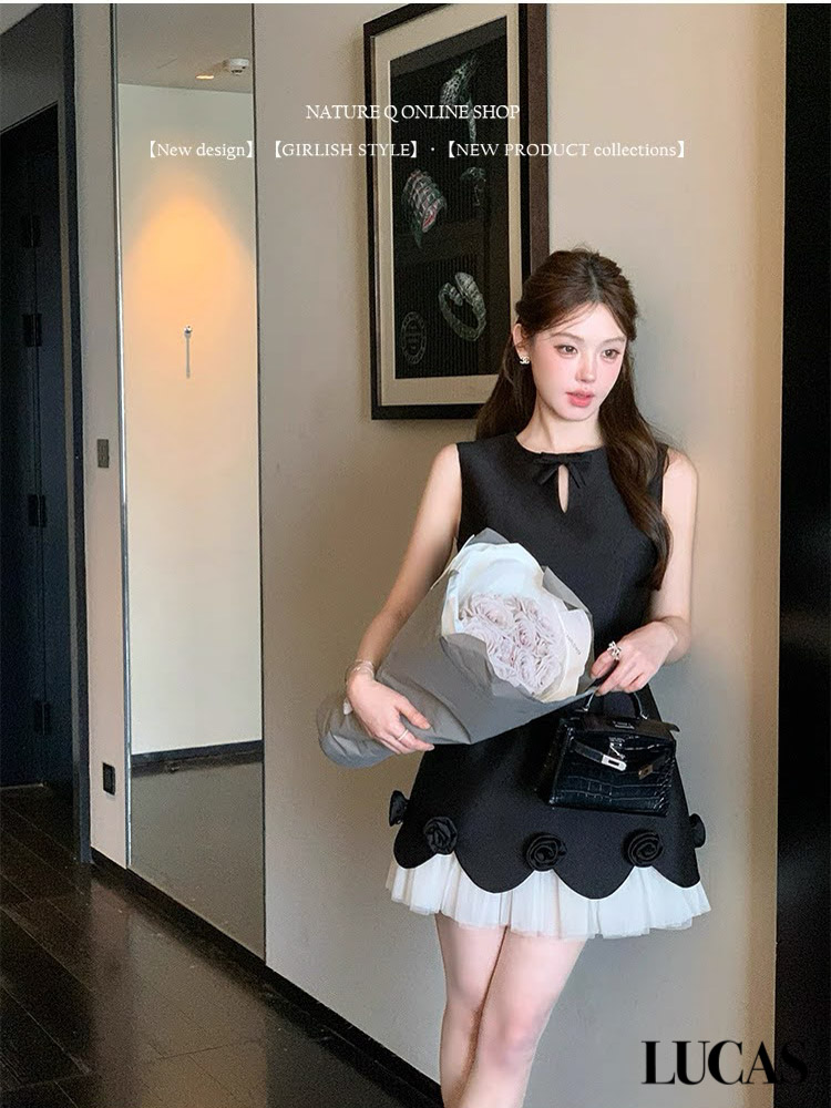 Váy zile khoét giọt lệ đính nơ gấu xòe A lót voan xếp + đính hoa nổi_thumbnail_4