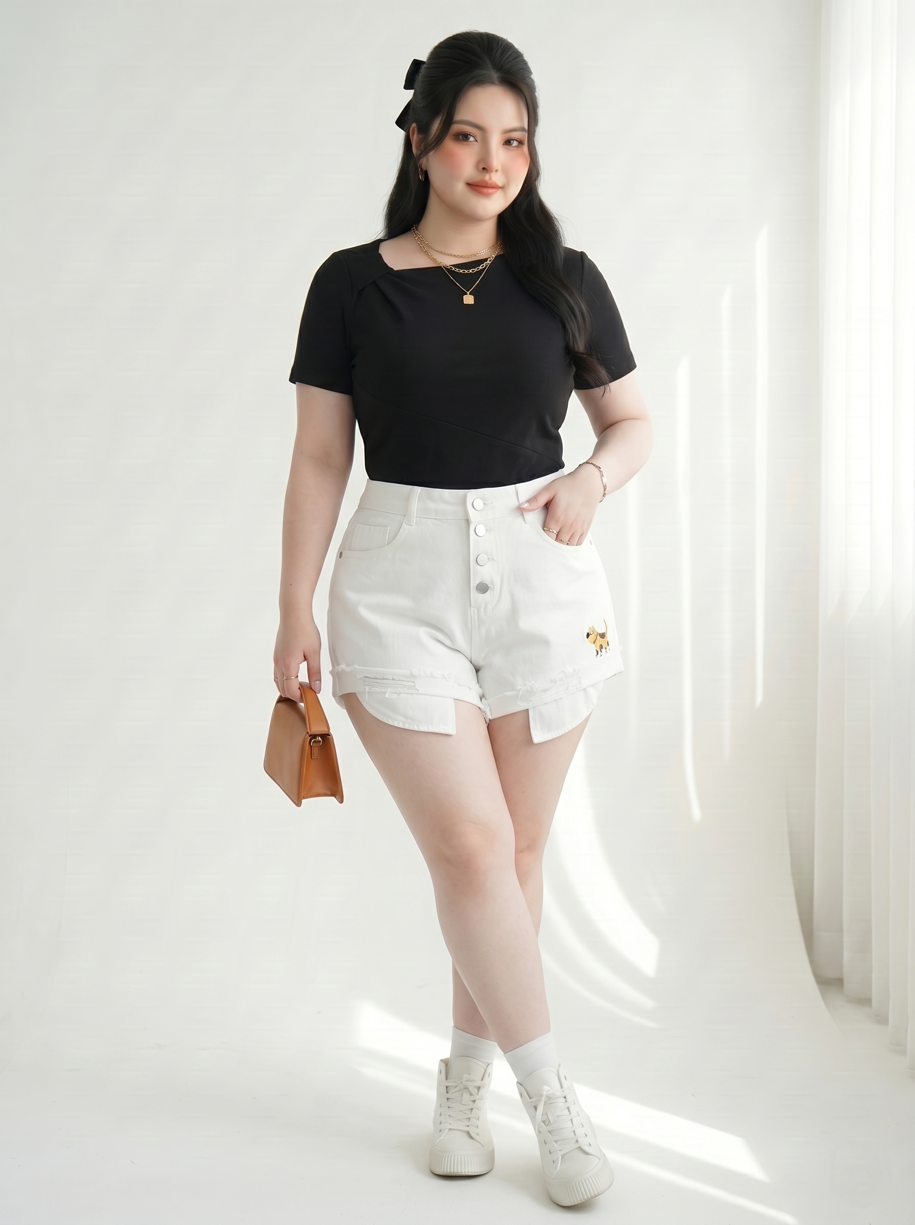 Quần Short Jean Túi Lồi Thêu 4 Nút Bigsize Cạp Cao Dễ Mặc - Trắng/Xanh Jean/Đen - Size 30-35 - T-QSJ1320