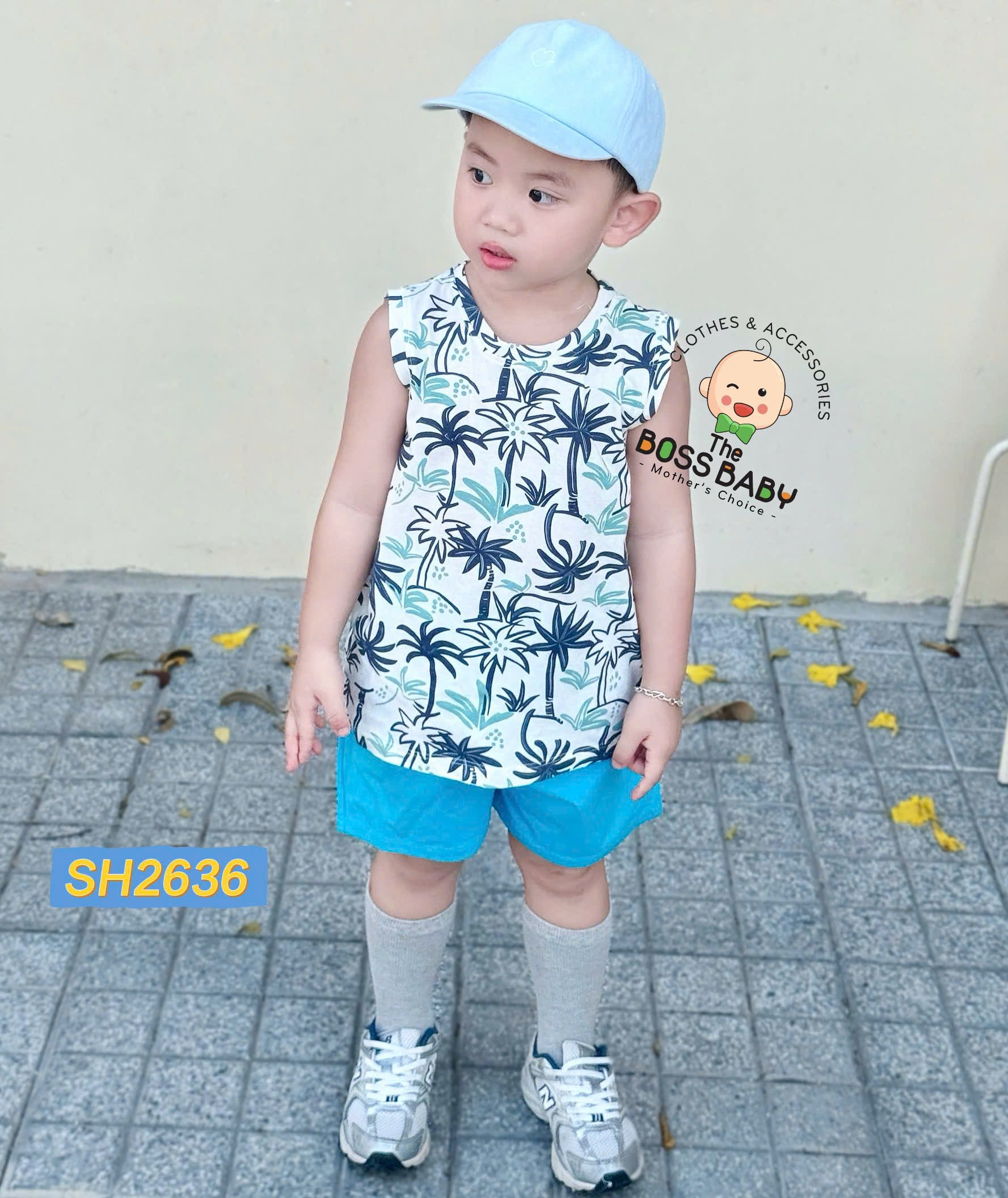 Set bộ cotton sát nách xanh dương cây dừa