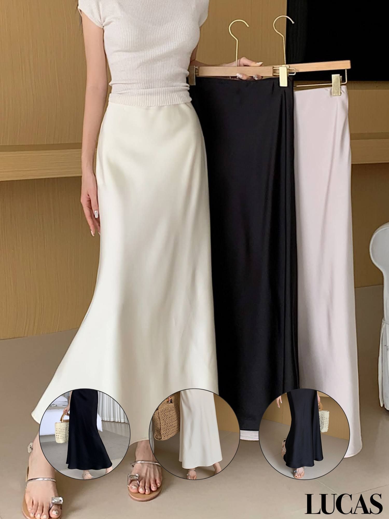 Chân váy lụa dáng a dài trơn basic