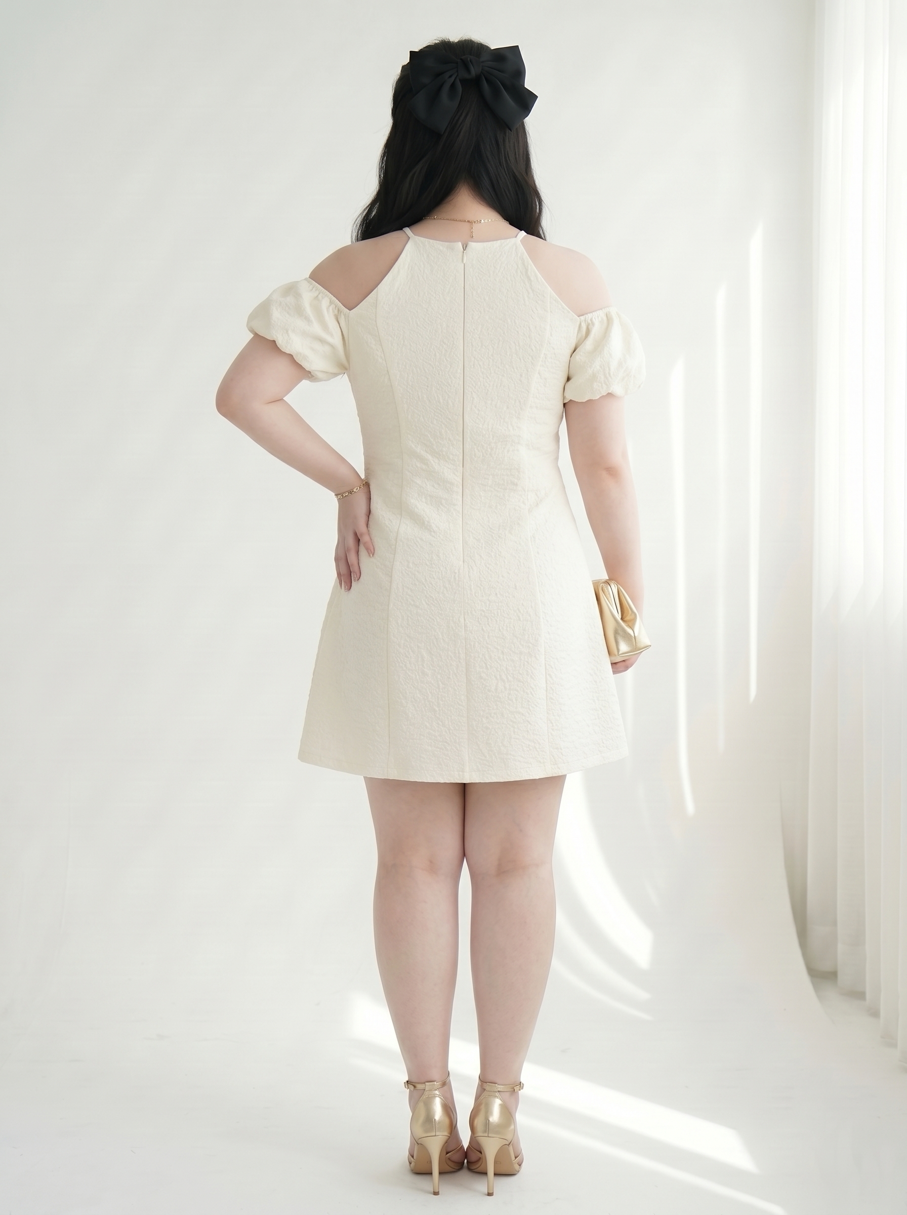 Đầm Dáng A Phối Nơ Bigsize Cổ Yếm Trễ Vai Tạo Eo Nhẹ, Lót Lụa Mềm, Dây Kéo Sau - Vừa 55-90kg - V-DA228_thumbnail_2