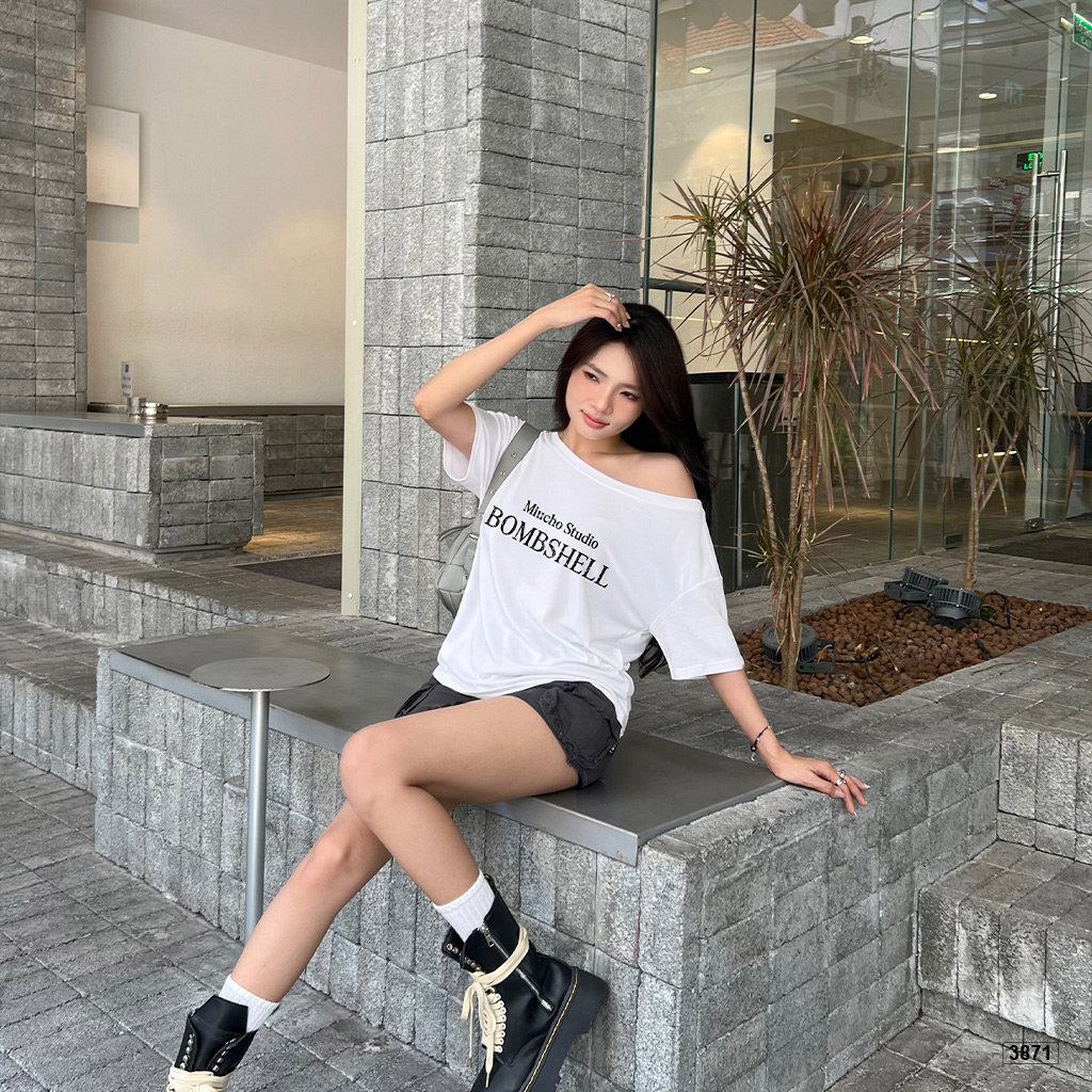 Áo thun nữ form rộng lệch vai phong cách đường phố Miucho 3871_thumbnail_3