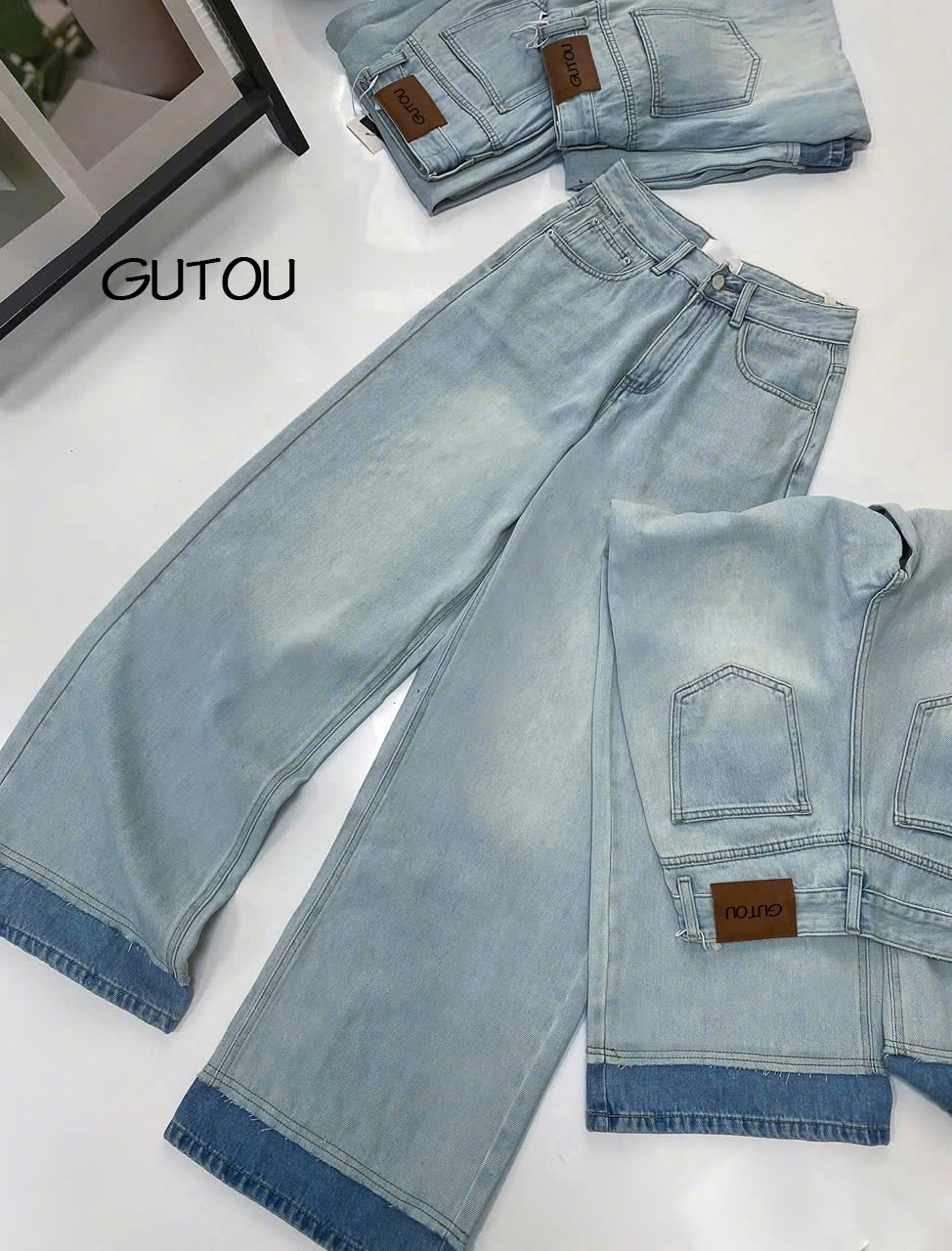 [ GUTOU ] Quần Jean Suông Gấu Phối Wash Xanh_thumbnail_3