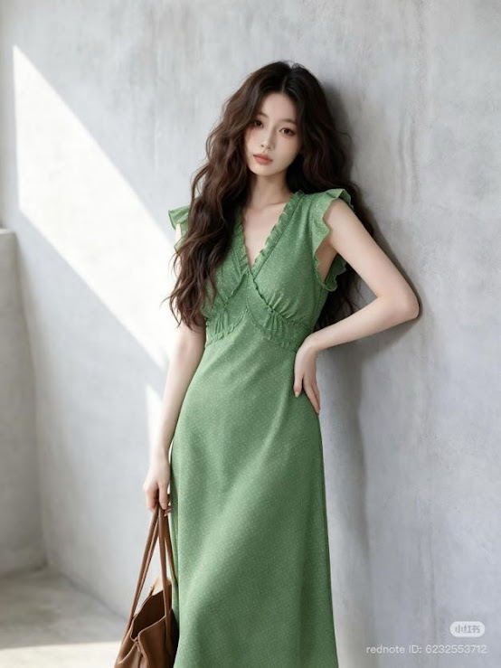 Lucas - Váy cổ tim viền ren chéo ngực tay hến bèo chân xòe dáng dài_thumbnail_4