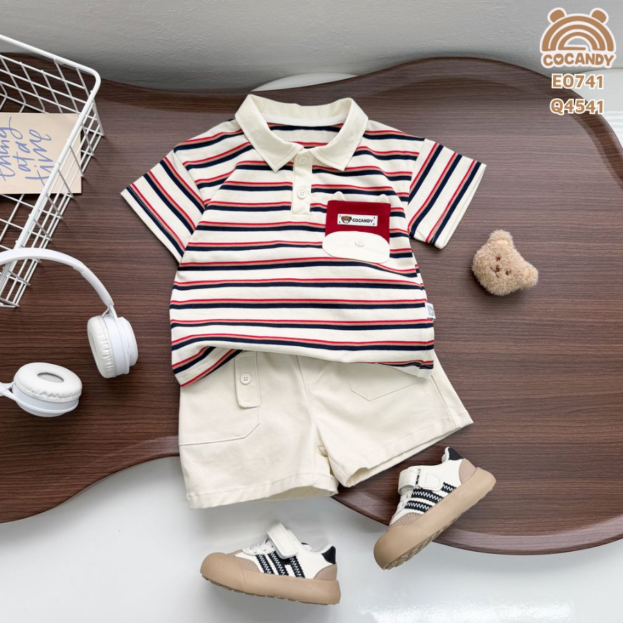 Áo cộc polo  kẻ ĐỎ BE túi gấu_thumbnail_0