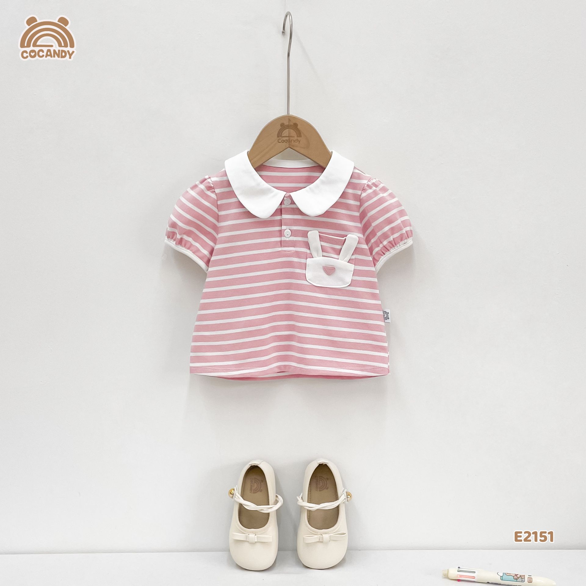 Áo cộc polo kẻ HỒNG phối túi thỏ_thumbnail_2