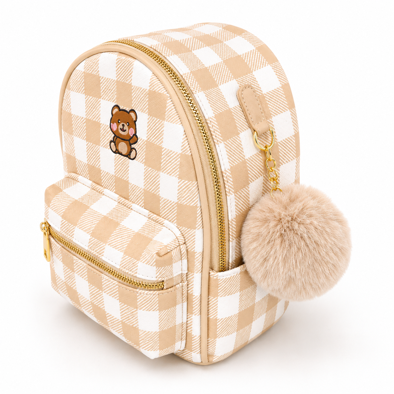Balo Mini Caro Gấu Dễ Thương – Kèm Charm Lông Xinh Xắn (Be / Hồng)_thumbnail_3