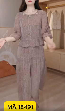 18491-Đầm voan liền tay lở in họa tiết ( voan,lót)