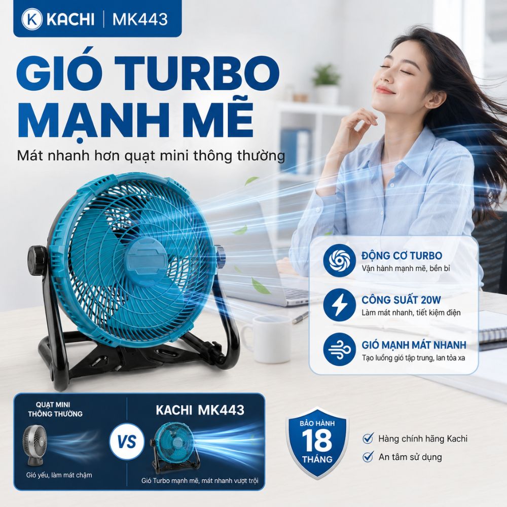 Quạt Để Bàn Tích Điện Kachi MK443 – Gió Turbo Mạnh Mẽ, Xoay 360 Độ, Thiết Kế Di Động Đa Năng