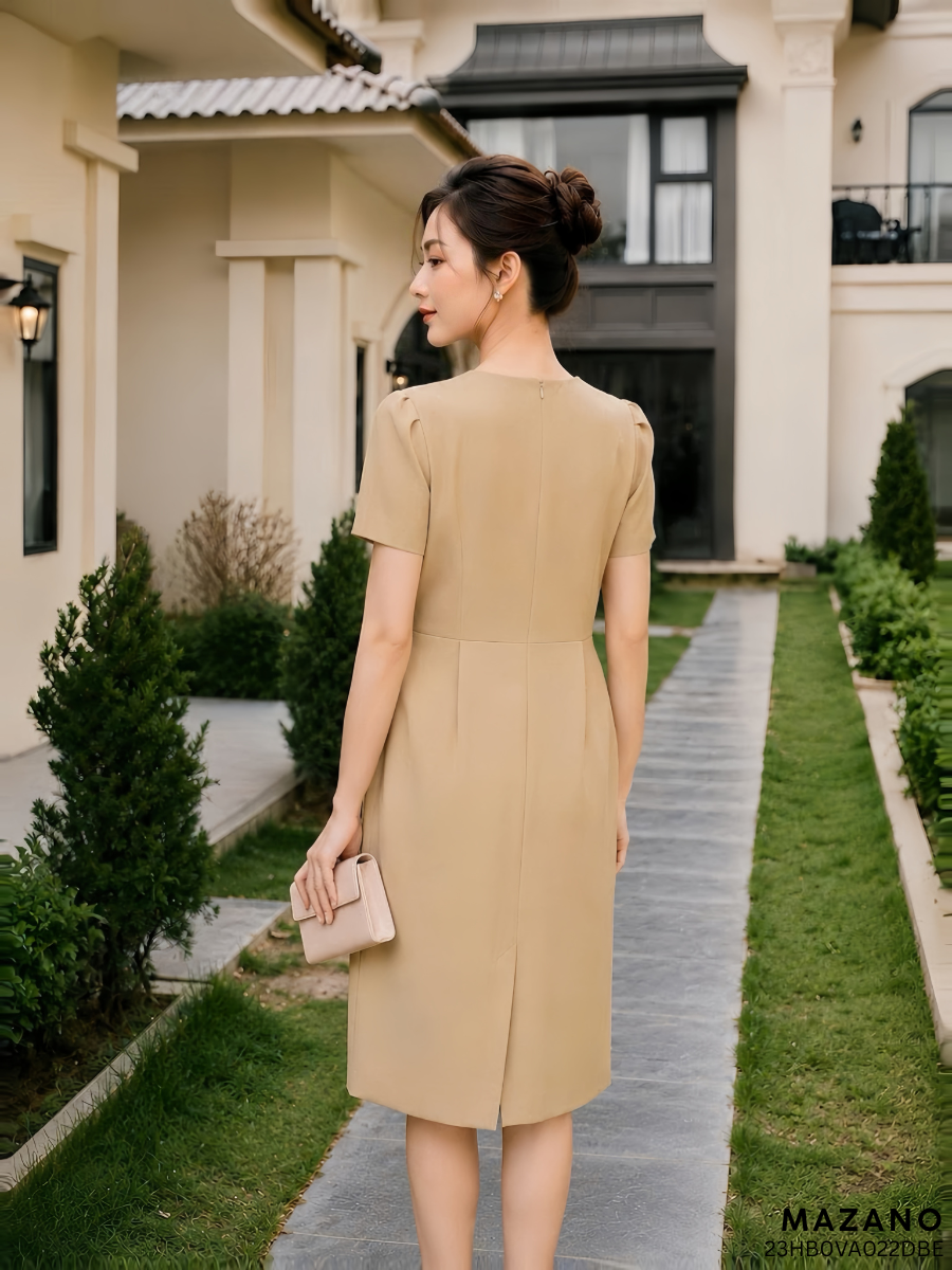 Váy Đầm Suông Vải thô mỏng Cổ tròn trang trí bèo cổ Tay ngắn Dài qua gối_thumbnail_2
