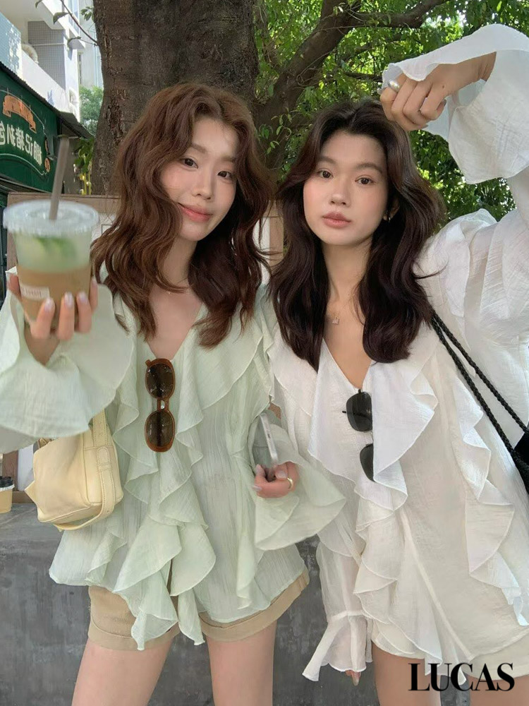 Áo sơ mi voan tơ cổ tim phối bèo lớn dọc áo cổ tay loe_thumbnail_2