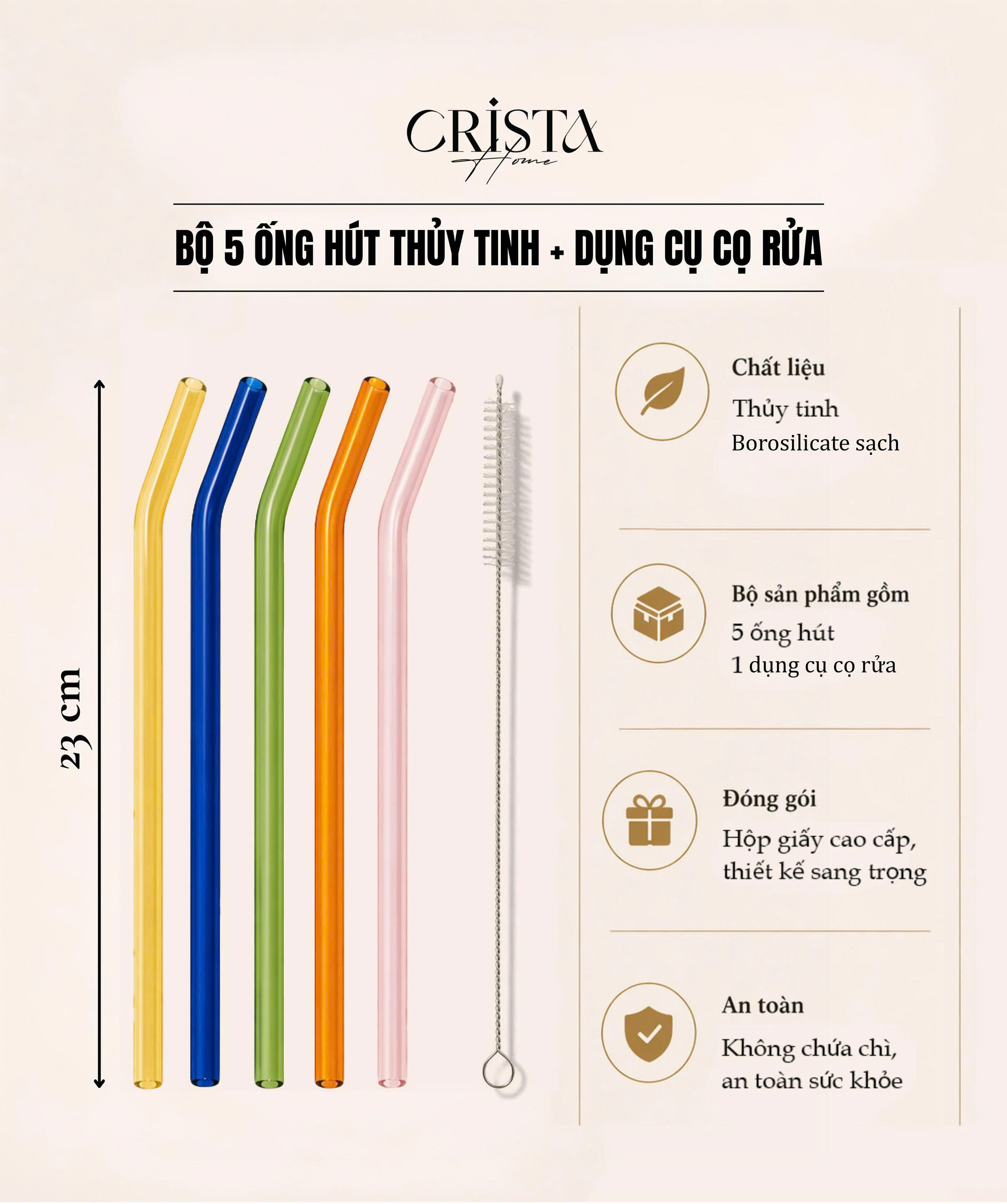 Bộ 5 ống hút thủy tinh màu pastel 23cm CRISTA HOME,_thumbnail_3