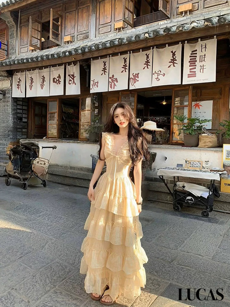 Váy maxi zile phối ngực ren cổ tim nơ ngực, ôm eo, chân váy xòe 4 ầng