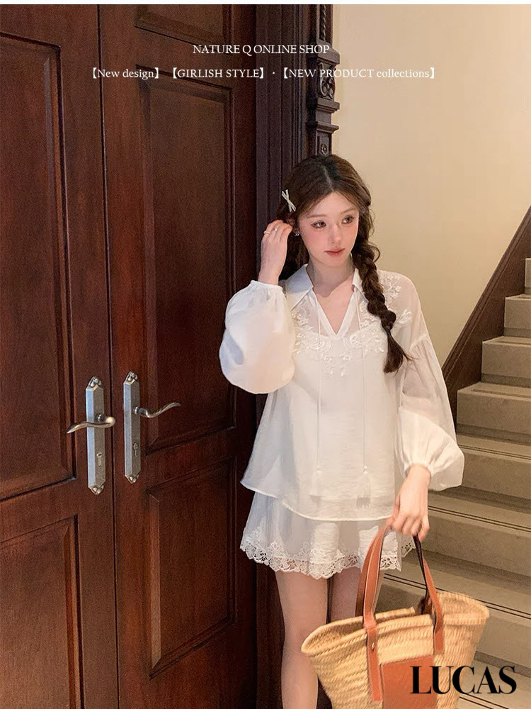 Set áo sơ mi voan cổ tim bẻ buộc nơ phối ren quanh cổ + quần sóc gấu viền ren