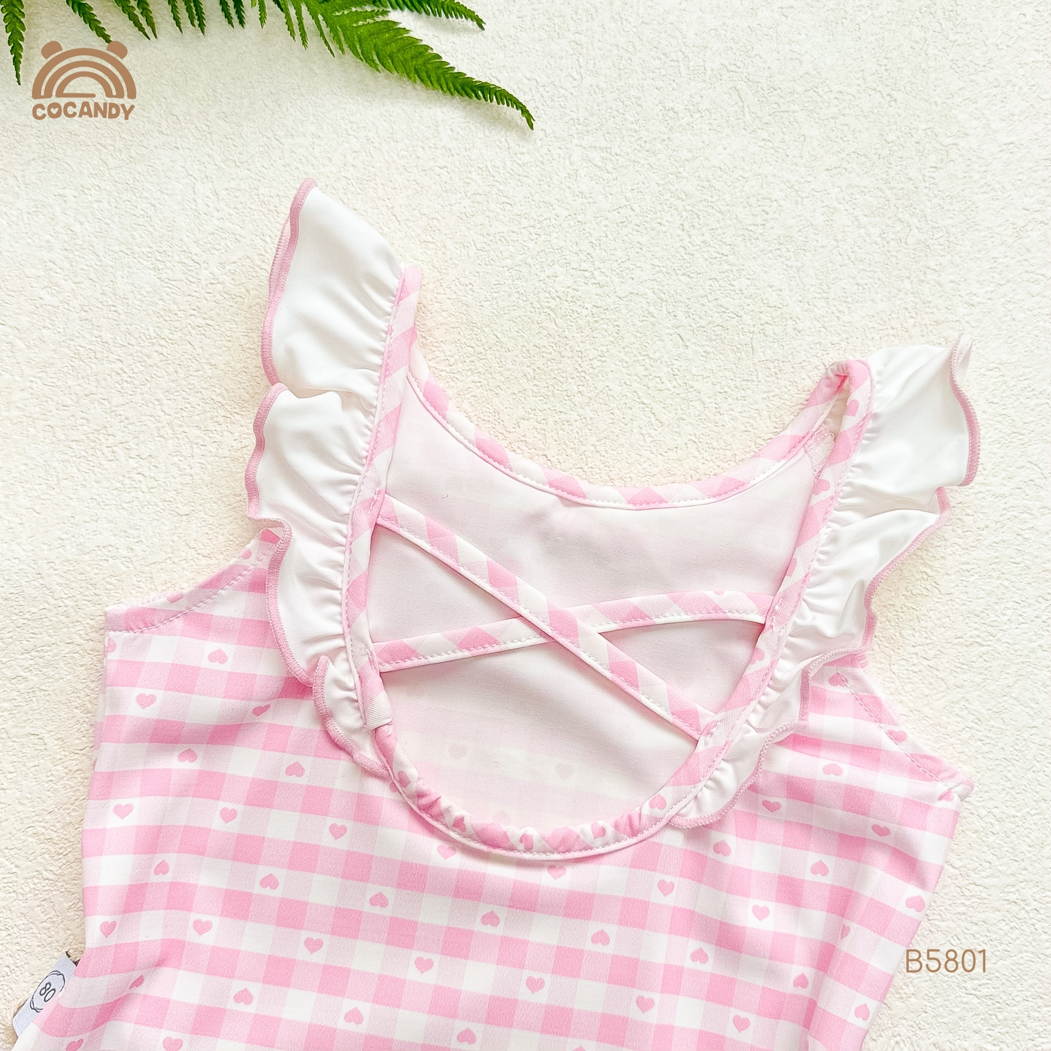 Bộ bơi caro HỒNG phối ren trắng_thumbnail_3