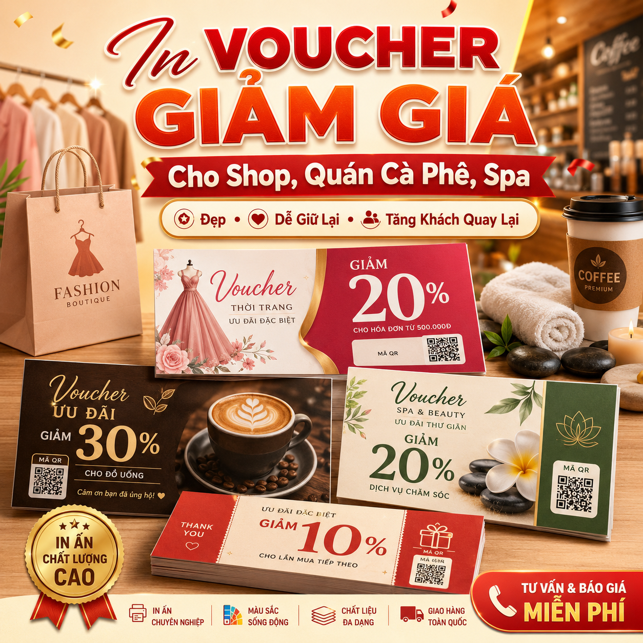 In Voucher Giảm Giá Đẹp Cho Shop, Quán Cà Phê, Spa