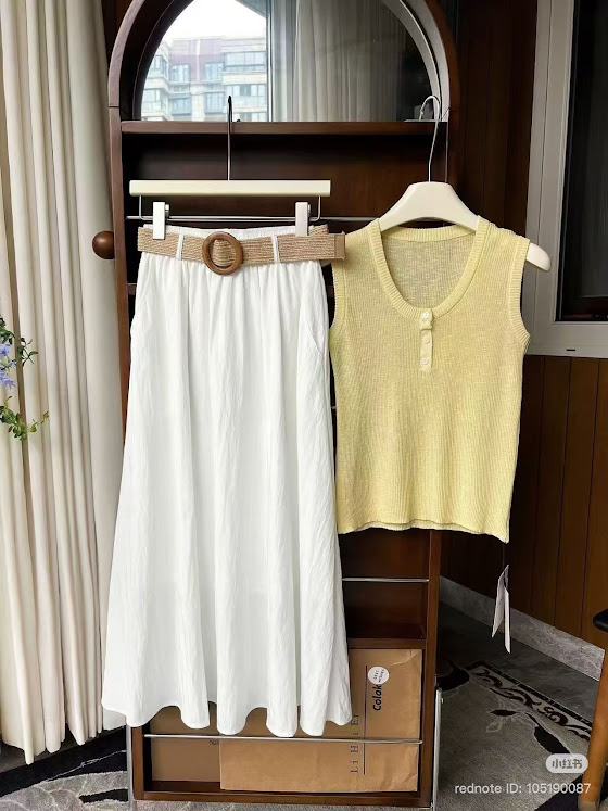 Lucas - Chân váy thô xòe dáng dài cạp chun + belt tết bản lớn mặt gỗ tròn