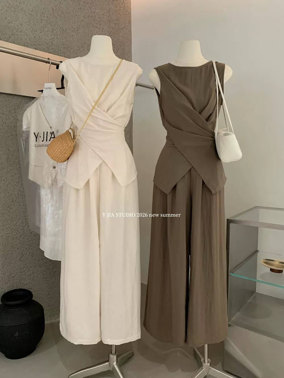 Set áo zile cổ tròn vạt đan + quần ống suông dáng dài YJIA