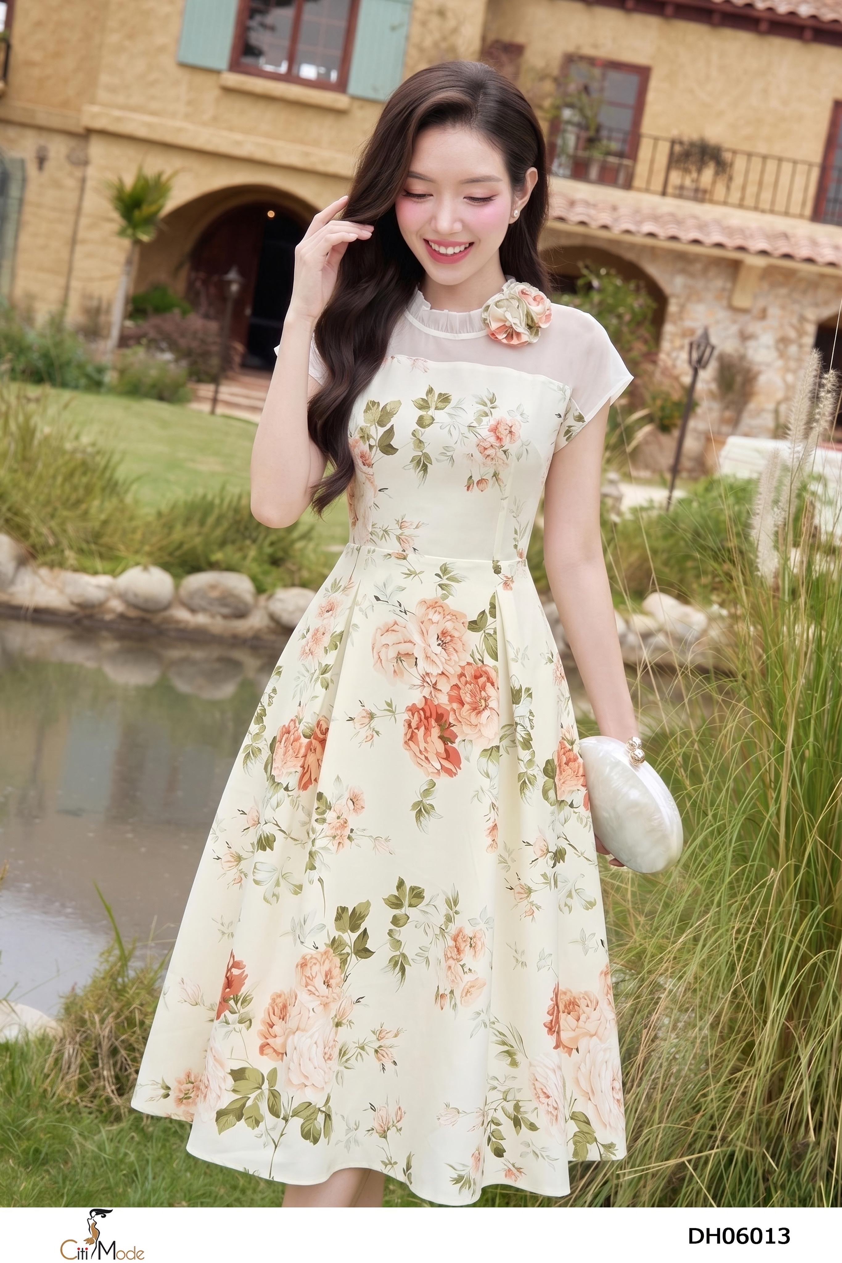 Đầm xòe kem hồng cam nổi 3D cổ nhún tay chờm_thumbnail_4