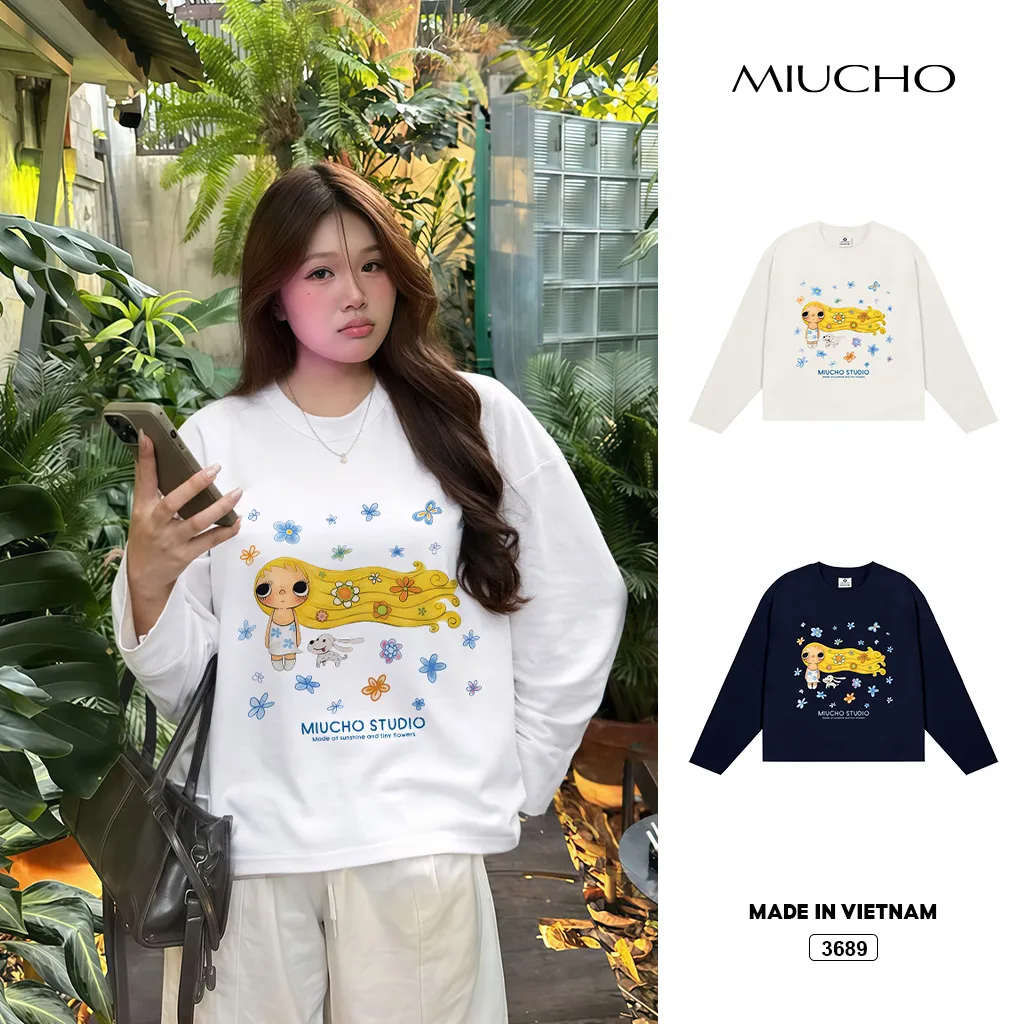 Áo thun nữ tay dài form boxy in cartoon Miucho 3689