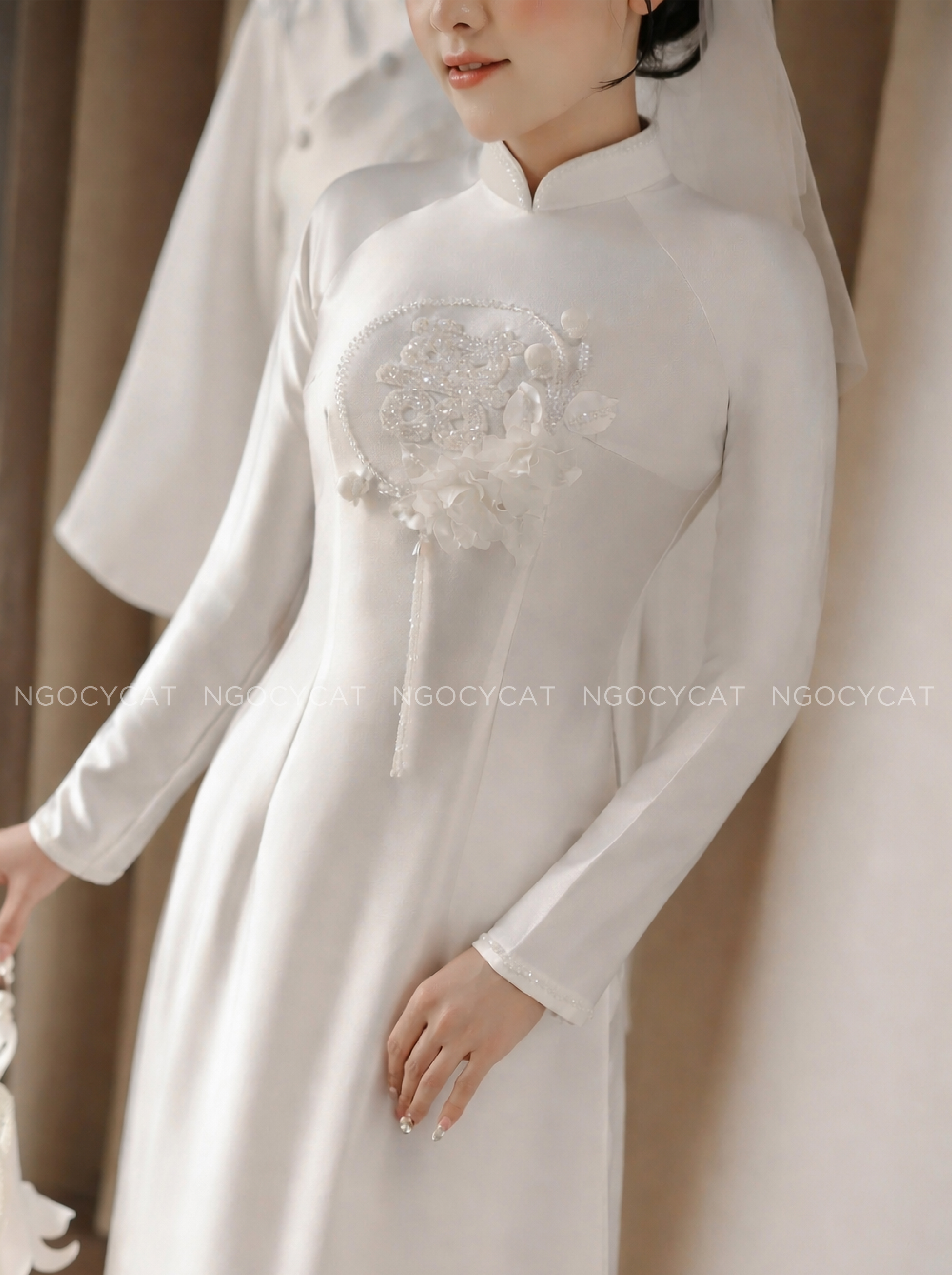 Áo Dài Dâu Rể Trắng Hỷ Phiến Hoa